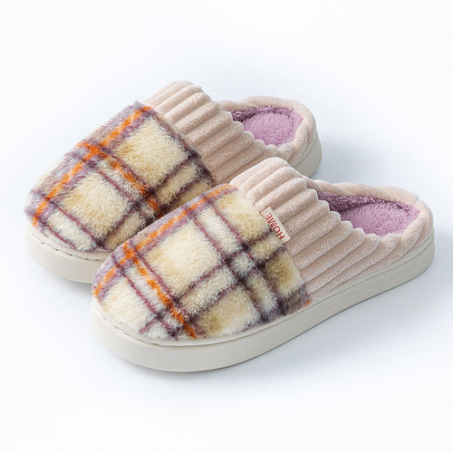 Plaid Plush Slippers Warm Soft Non-slip Bedroom Home Slipper For