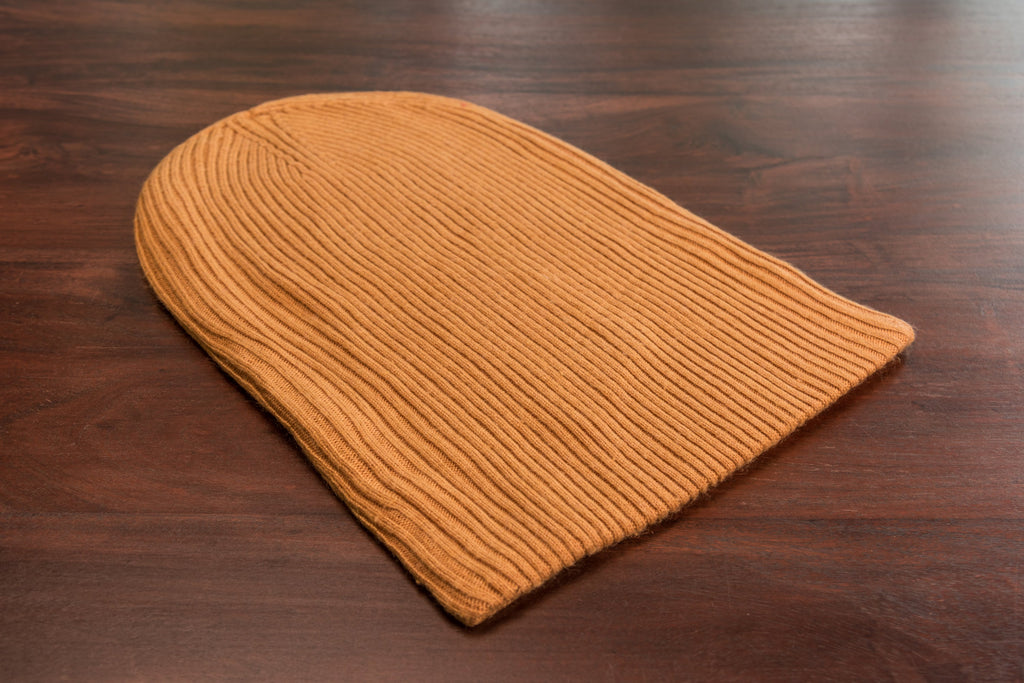 Kaschmirmütze Beanie gerippt mit Umschlag - Hellbraun