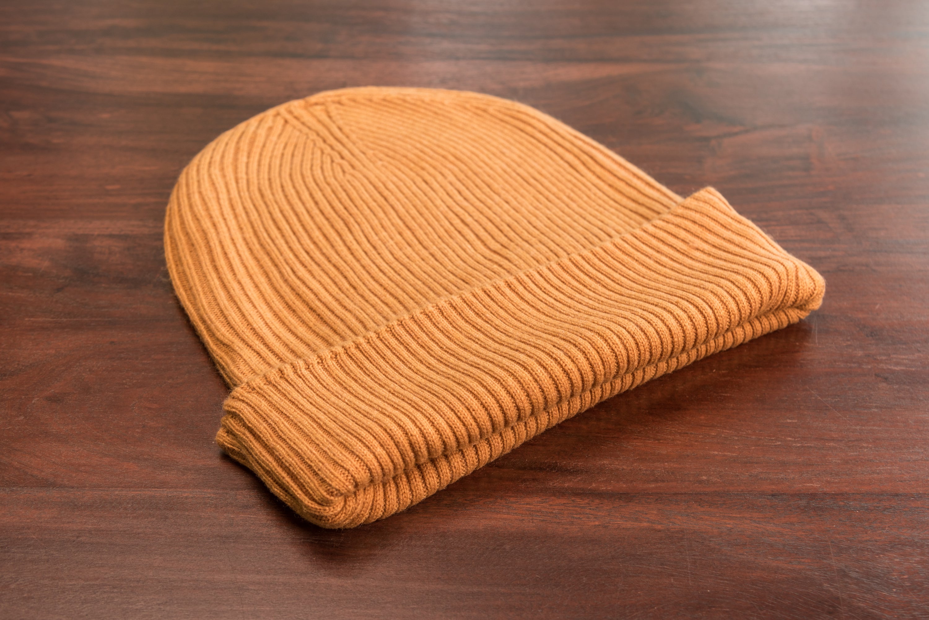Kaschmirmütze Beanie gerippt mit Umschlag - Hellbraun