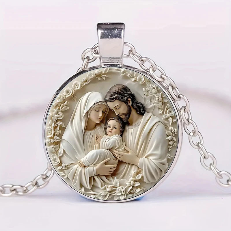 The Holy Family Glass Pendant Necklace Catholic Saint Joseph Virgin