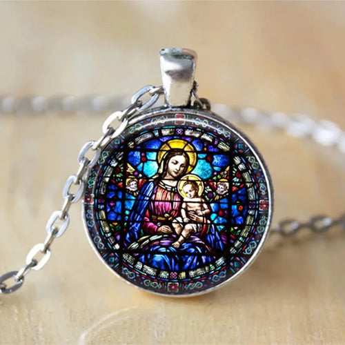 The Holy Family Glass Pendant Necklace Catholic Saint Joseph Virgin