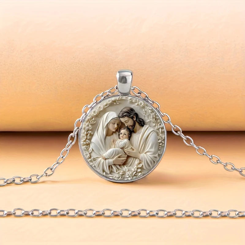 The Holy Family Glass Pendant Necklace Catholic Saint Joseph Virgin