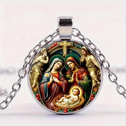 The Holy Family Glass Pendant Necklace Catholic Saint Joseph Virgin