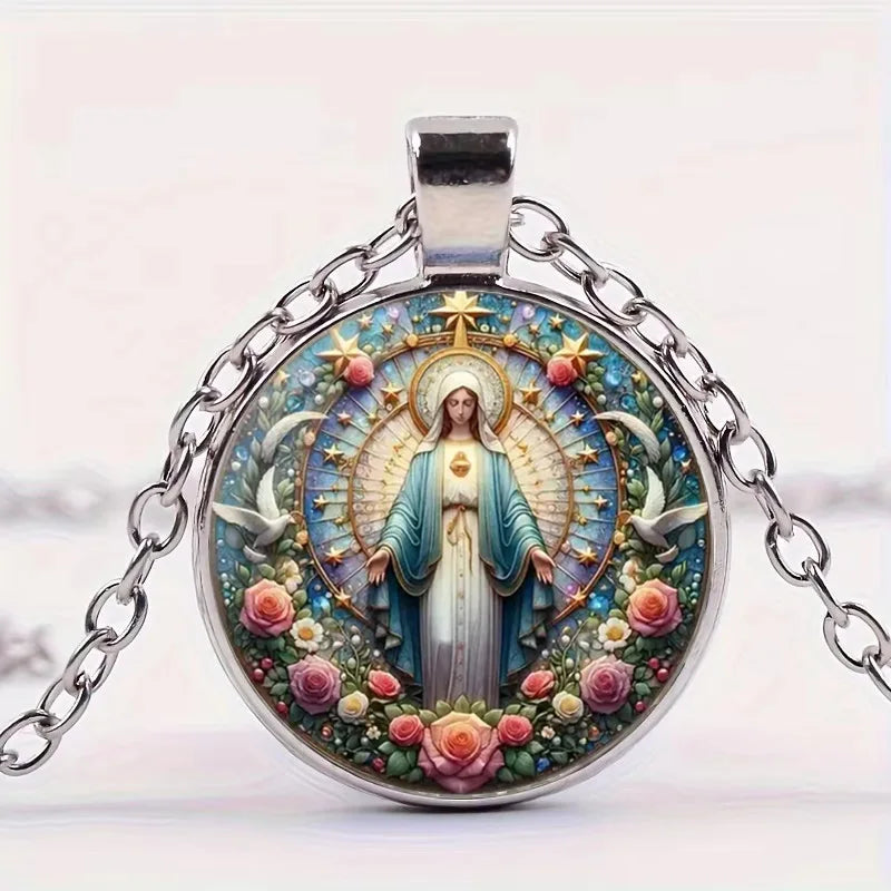 The Holy Family Glass Pendant Necklace Catholic Saint Joseph Virgin