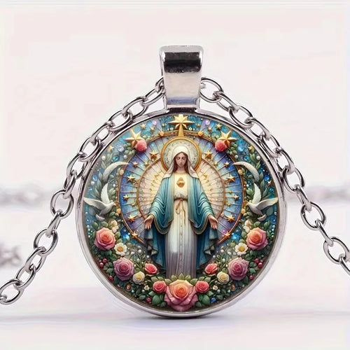 The Holy Family Glass Pendant Necklace Catholic Saint Joseph Virgin