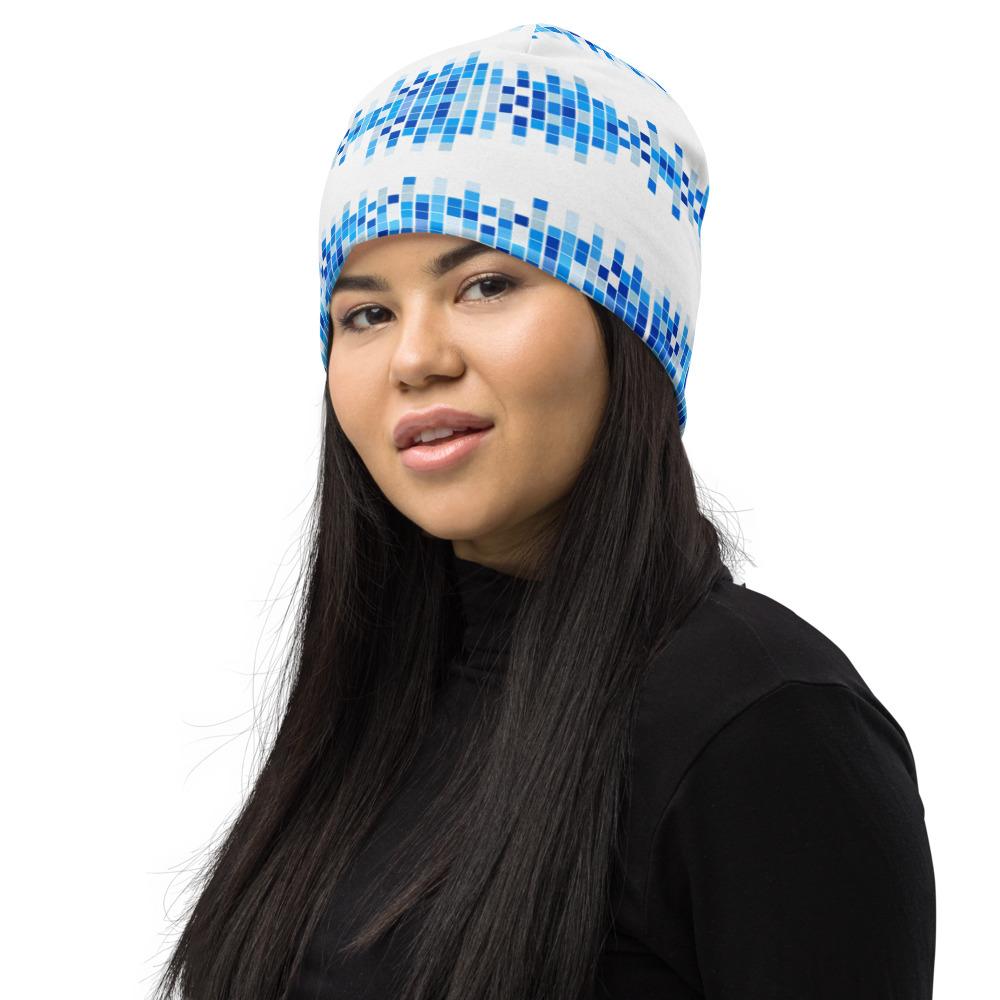 Beanie Hat - Blue and White Square Style Slouchy Beanie Men/women