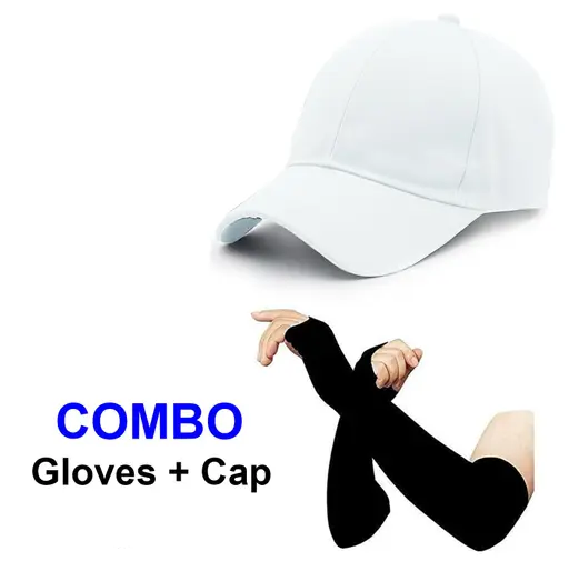 Caps & gloves combo |plain white cap|arm sleeves with cap|cotton black