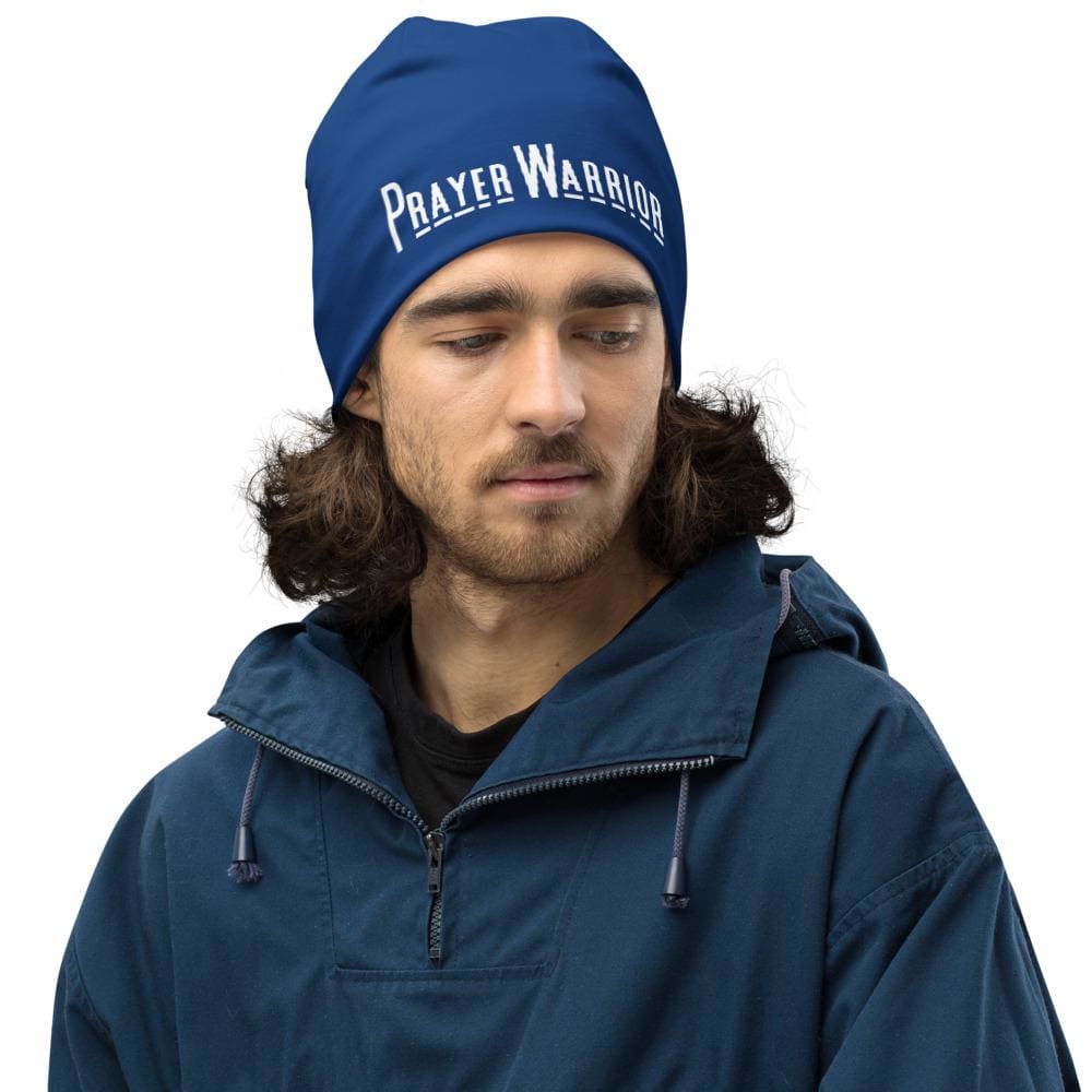 Beanie Hat - Blue Slouchy Beanie Prayer Warrior Print Men/women