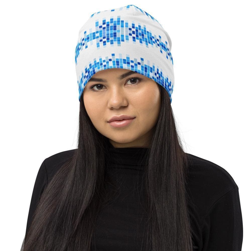 Beanie Hat - Blue and White Square Style Slouchy Beanie Men/women