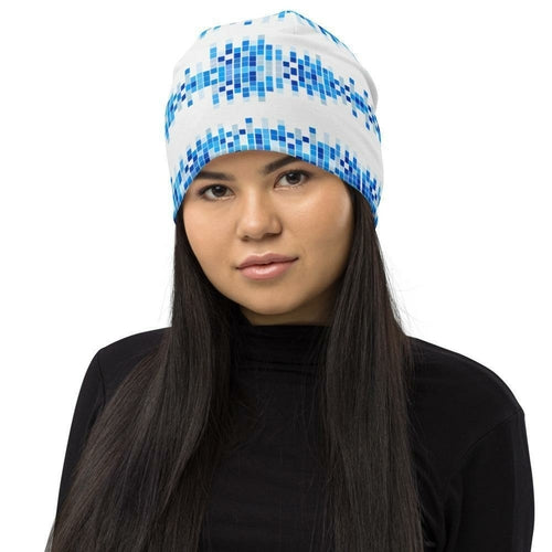 Beanie Hat - Blue and White Square Style Slouchy Beanie Men/women
