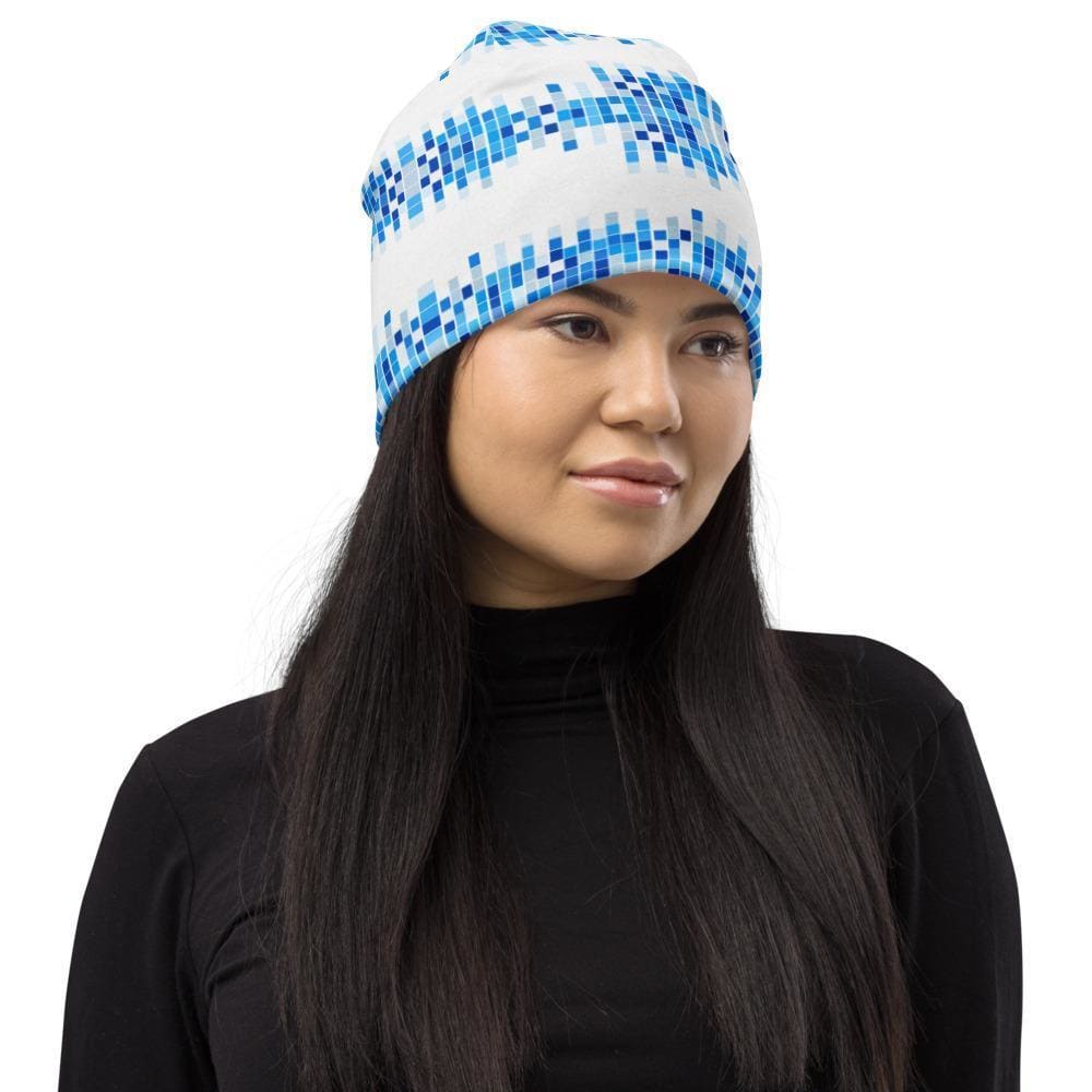Beanie Hat - Blue and White Square Style Slouchy Beanie Men/women