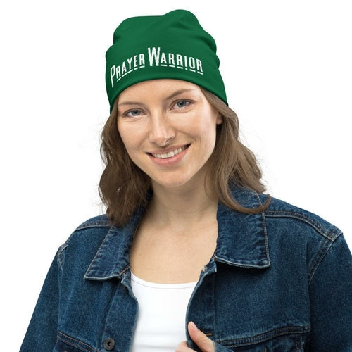 Beanie Hat - Dark Green Slouchy Beanie Prayer Warrior Print Men/women