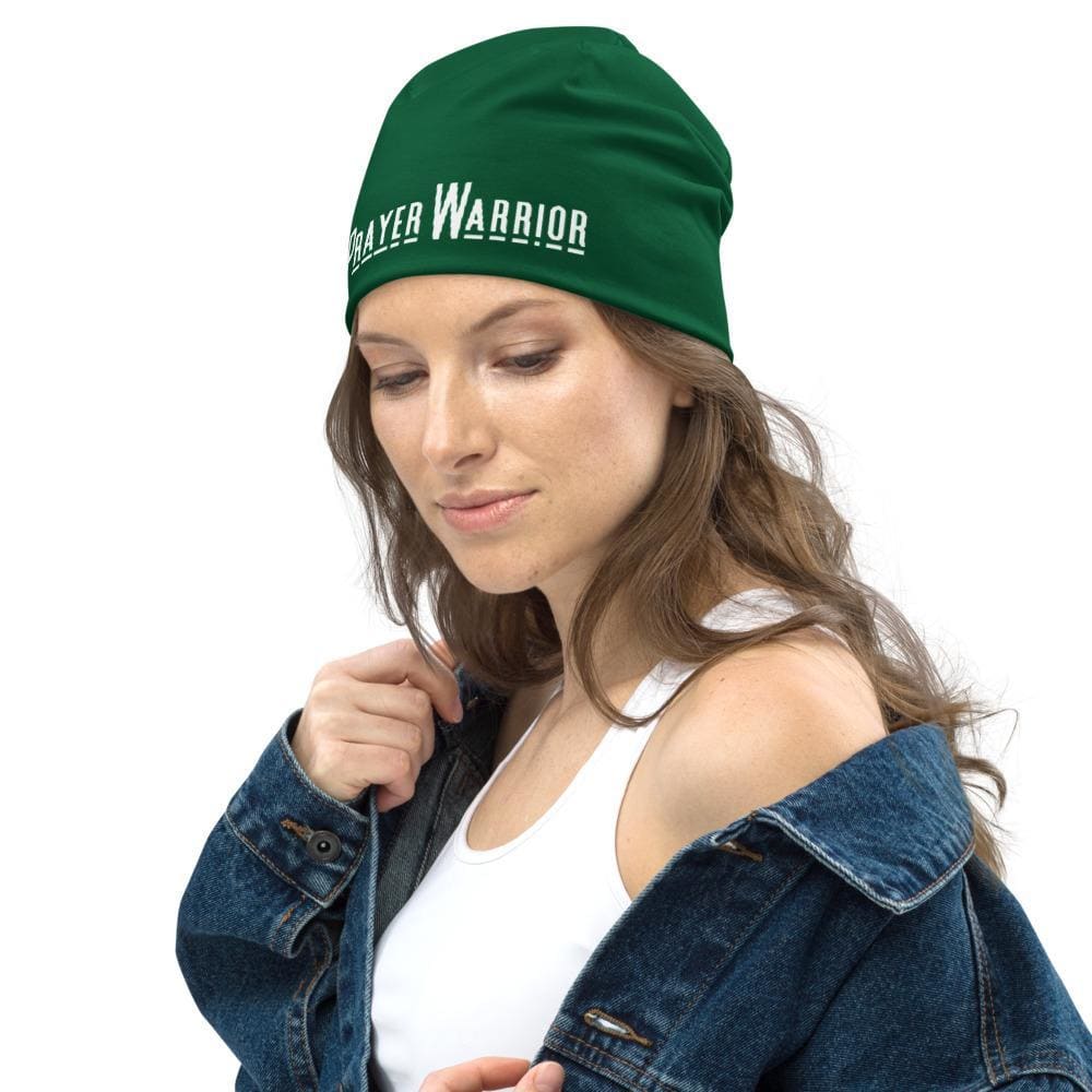Beanie Hat - Dark Green Slouchy Beanie Prayer Warrior Print Men/women